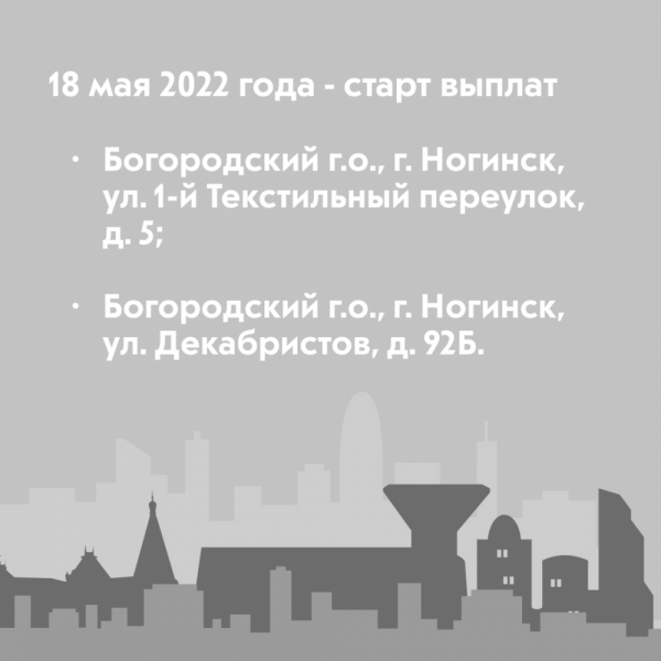 С 18 мая стартуют выплаты дольщикам двух проблемных жилых домов в Богородском городском округе